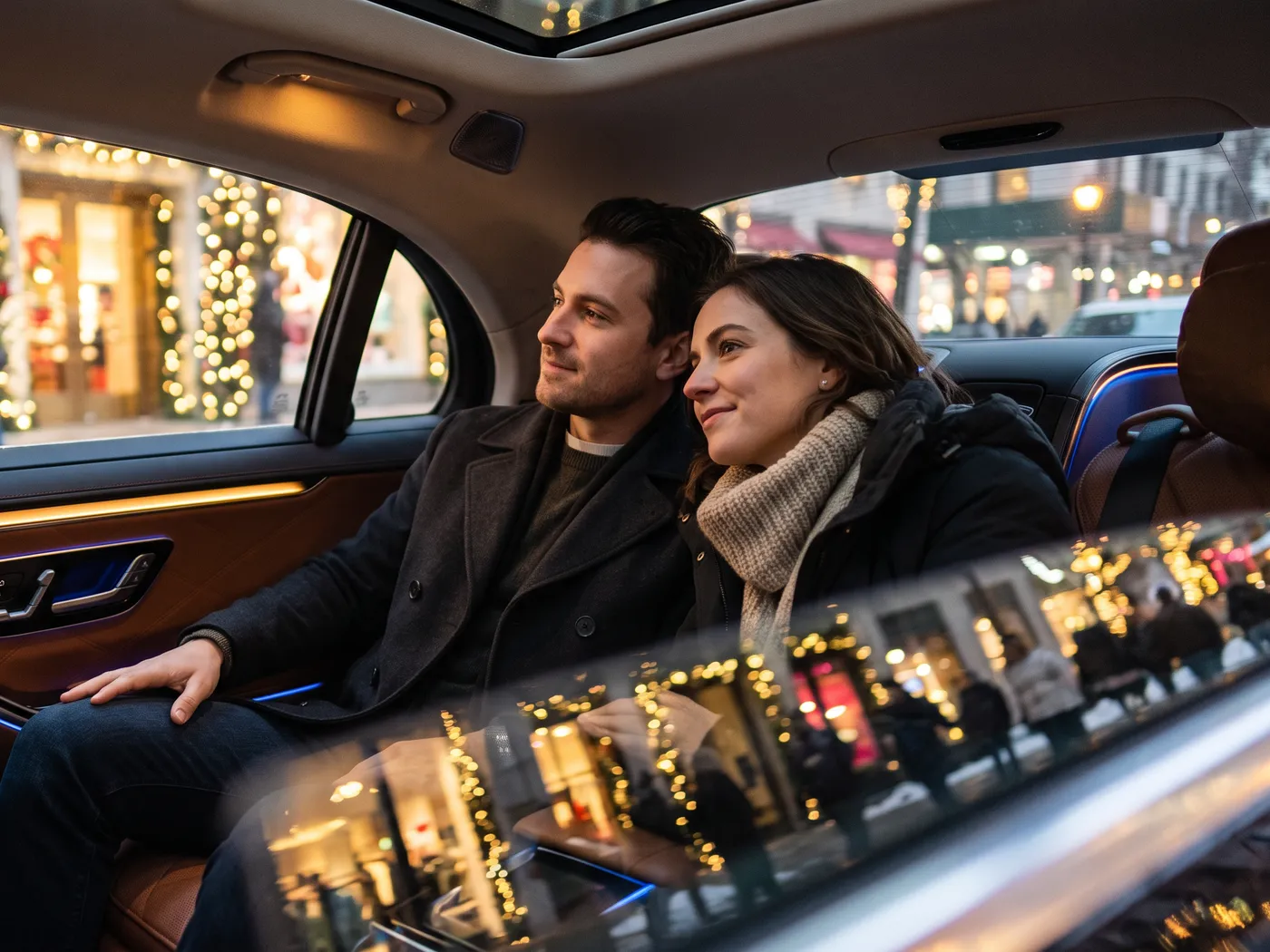 A couple in the back seat of a car looking out at shop windows strung with holiday lights