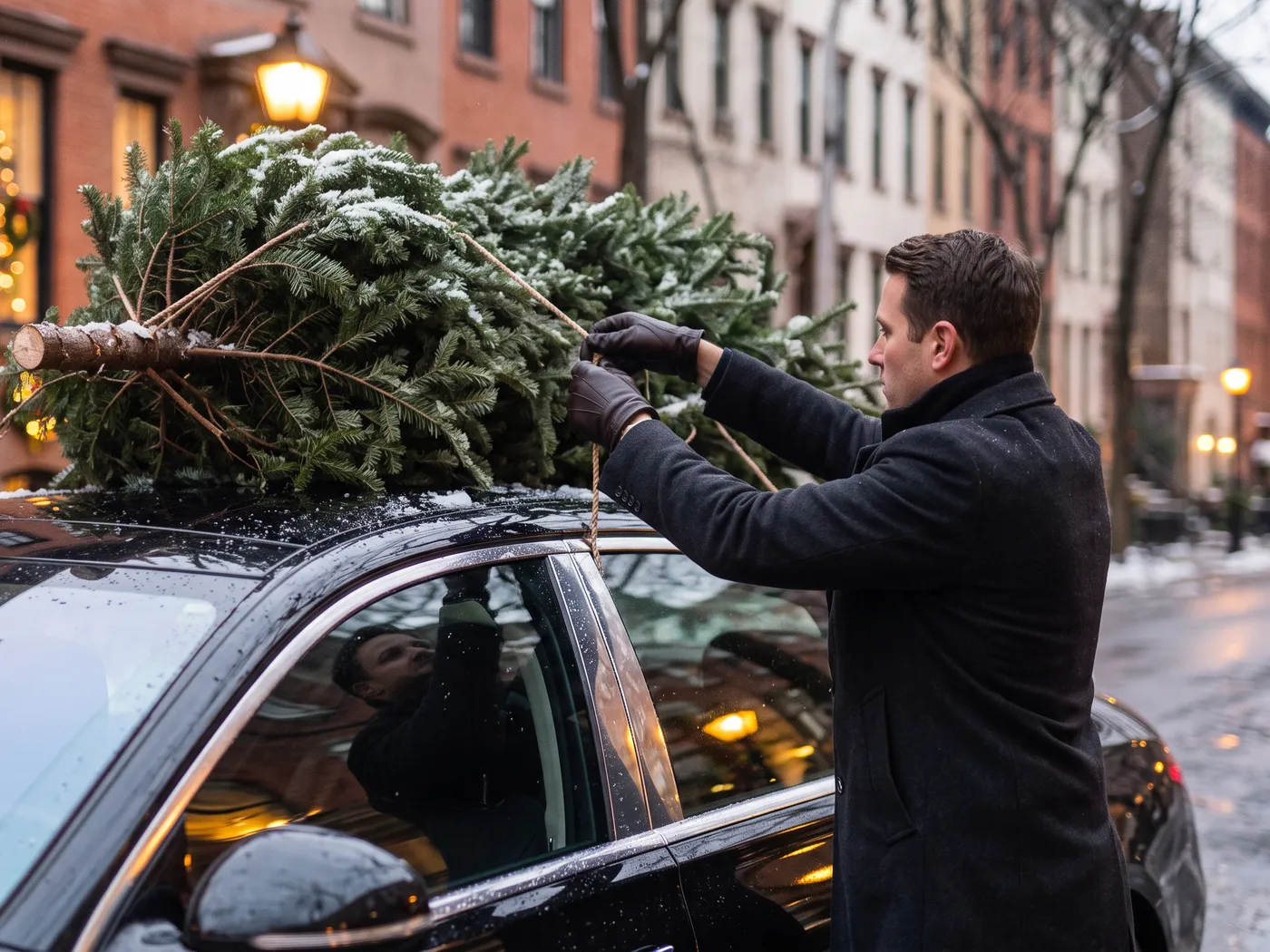 A man tying a Christmas tree to the roof of a black car on a snowy brownstone street