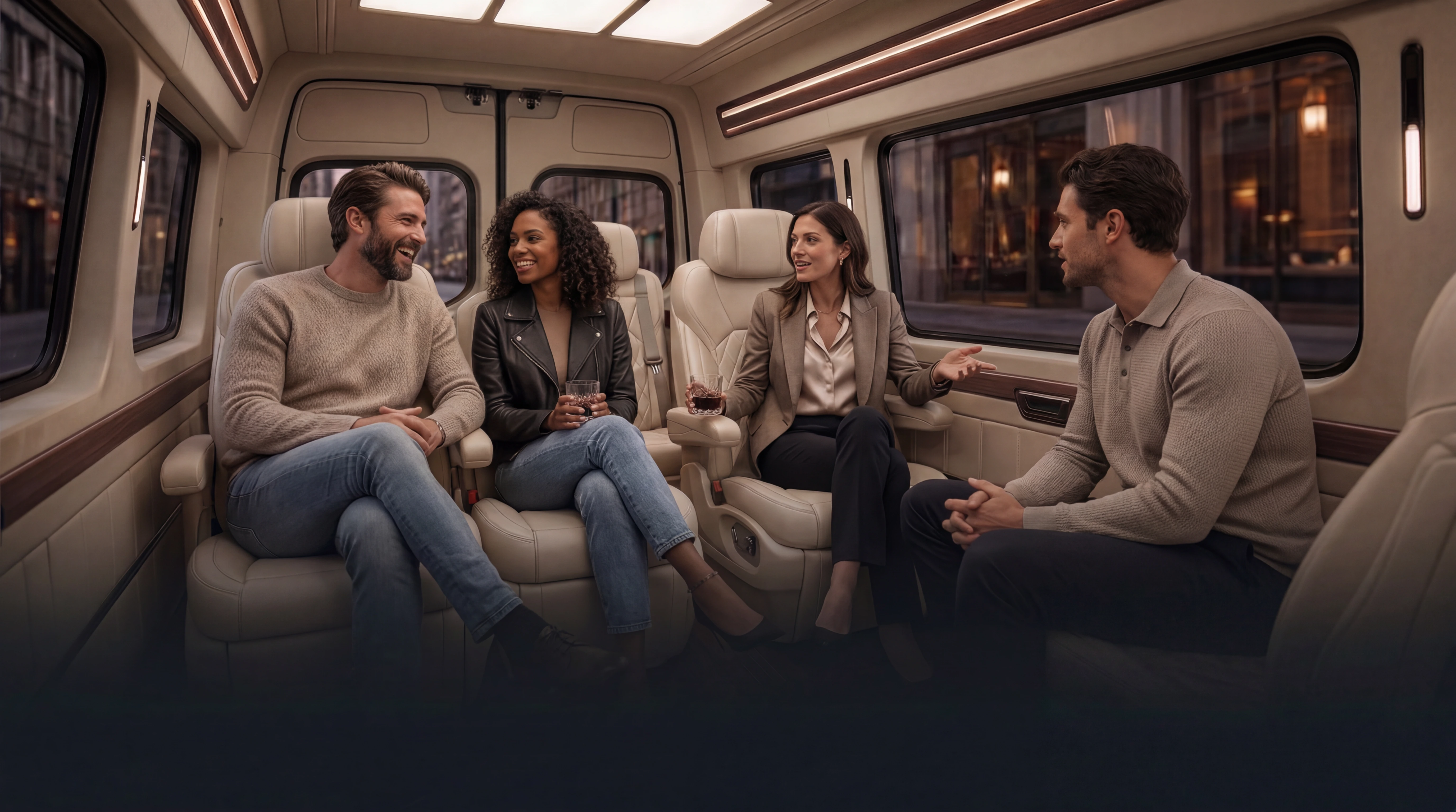 Guests relaxing with drinks in the leather cabin of a Baki Tour Sprinter
