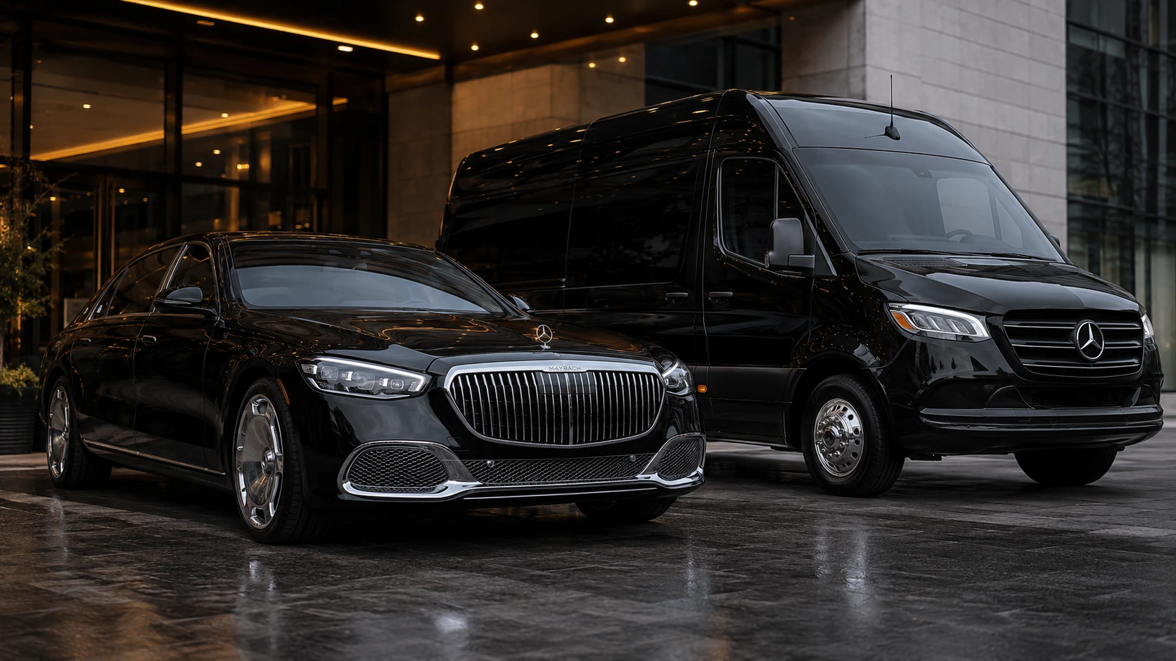 Mercedes S-Class and Sprinter of the Baki Tour fleet outside a hotel entrance
