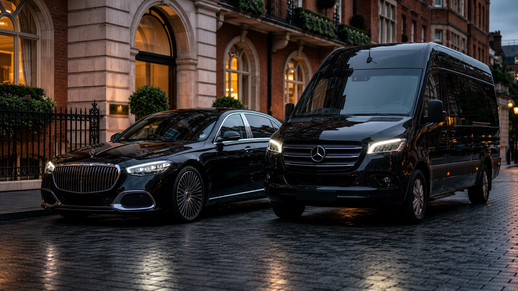 Baki Tour S-Class and Sprinter arriving at a city address in the evening