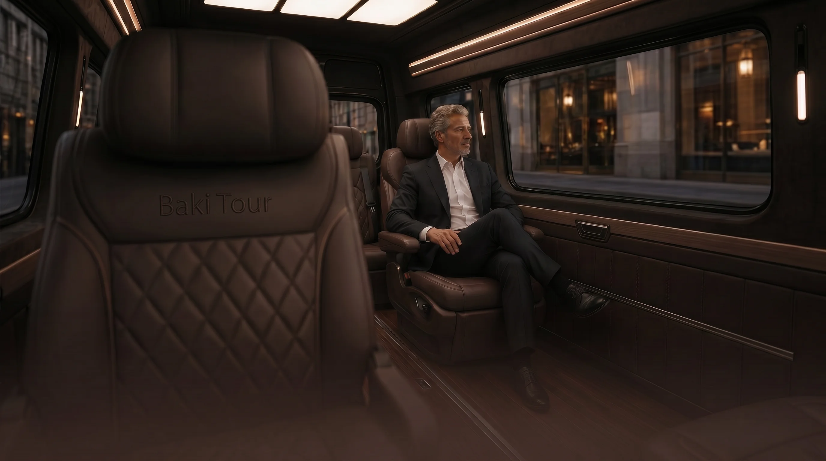 Passenger relaxing in the leather cabin of a Baki Tour chauffeured vehicle in New York