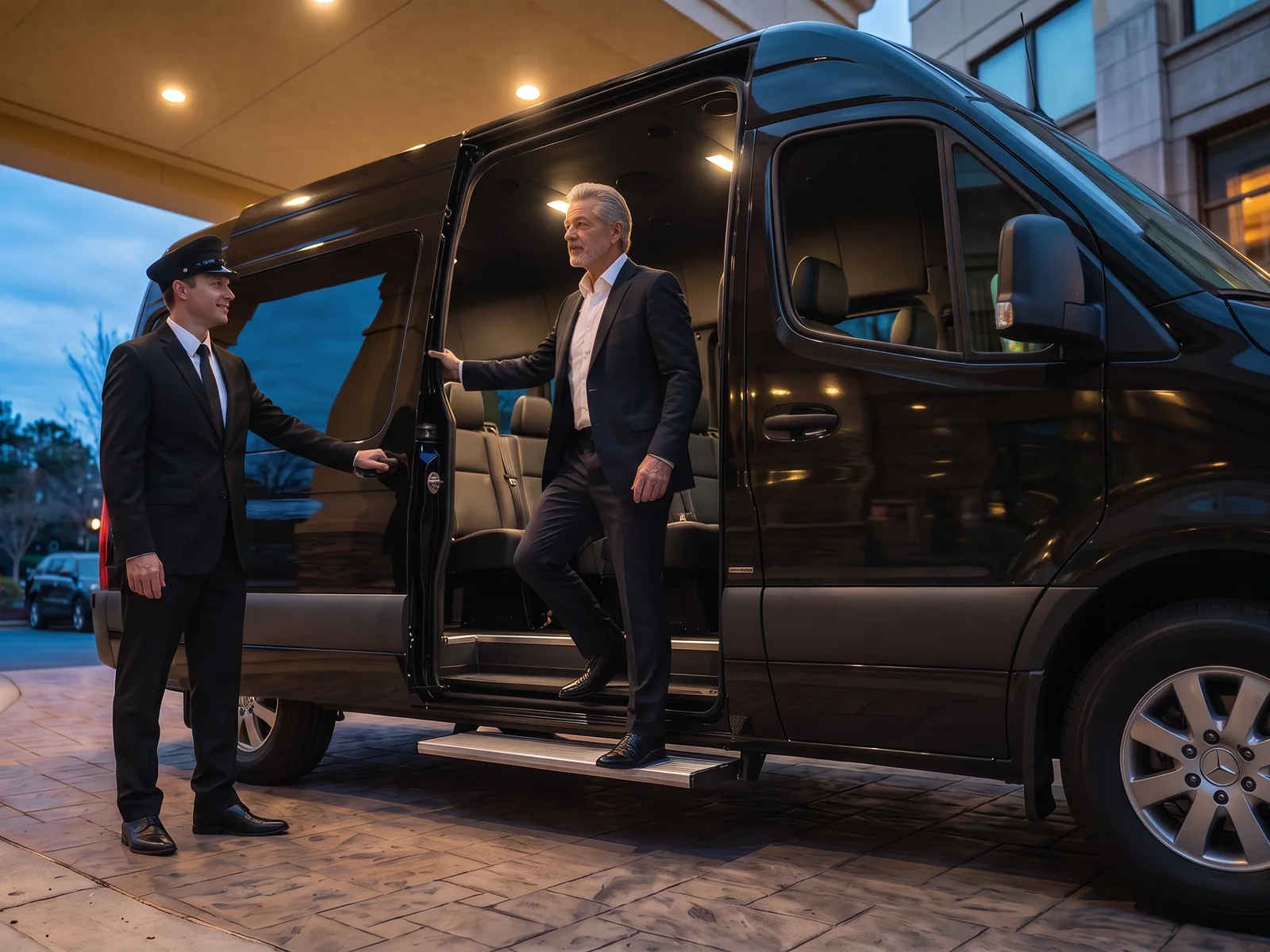 Baki Tour chauffeur welcoming a passenger out of the Sprinter at a hotel entrance