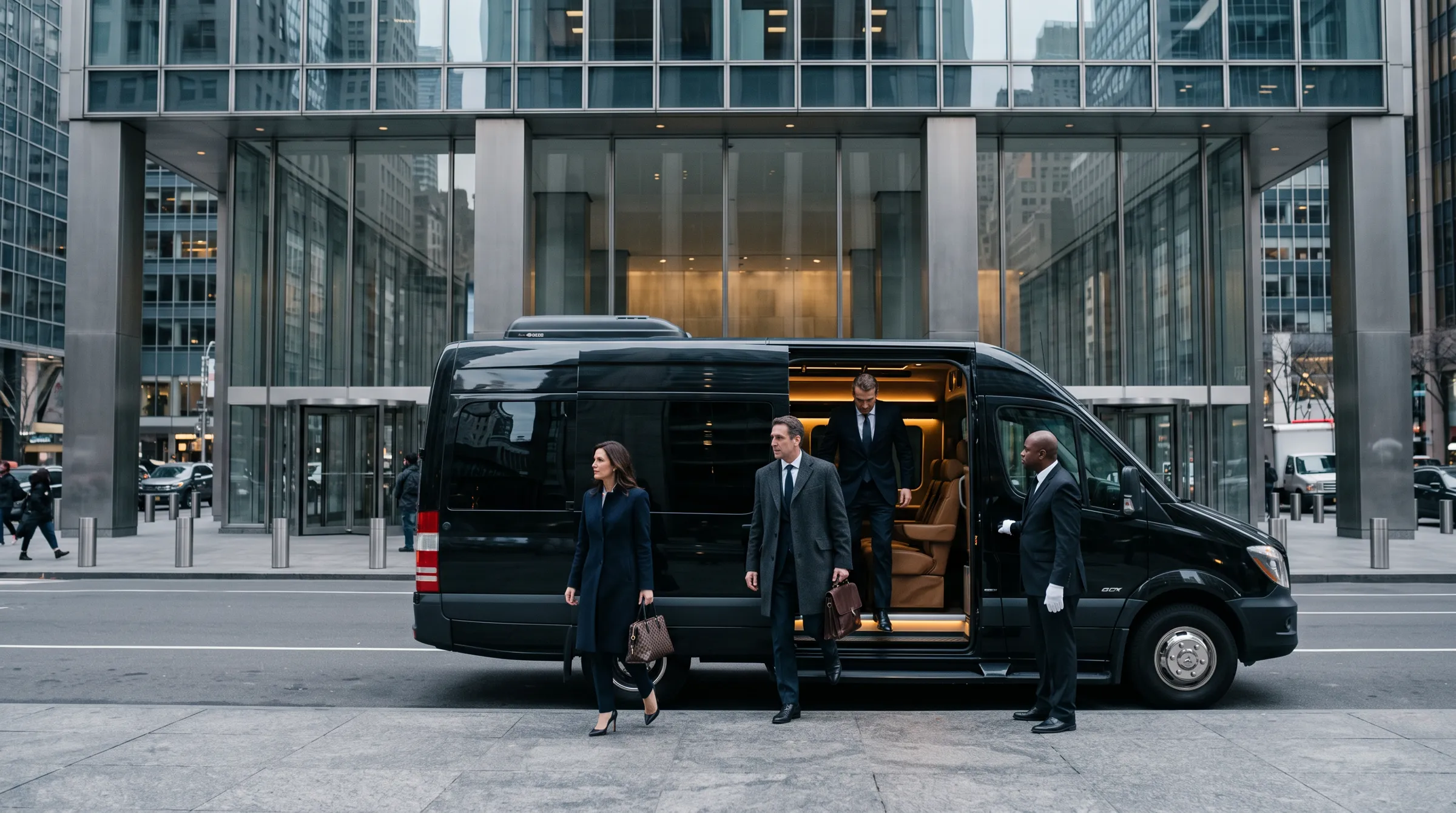 A chauffeur holding the Sprinter door at an office entrance