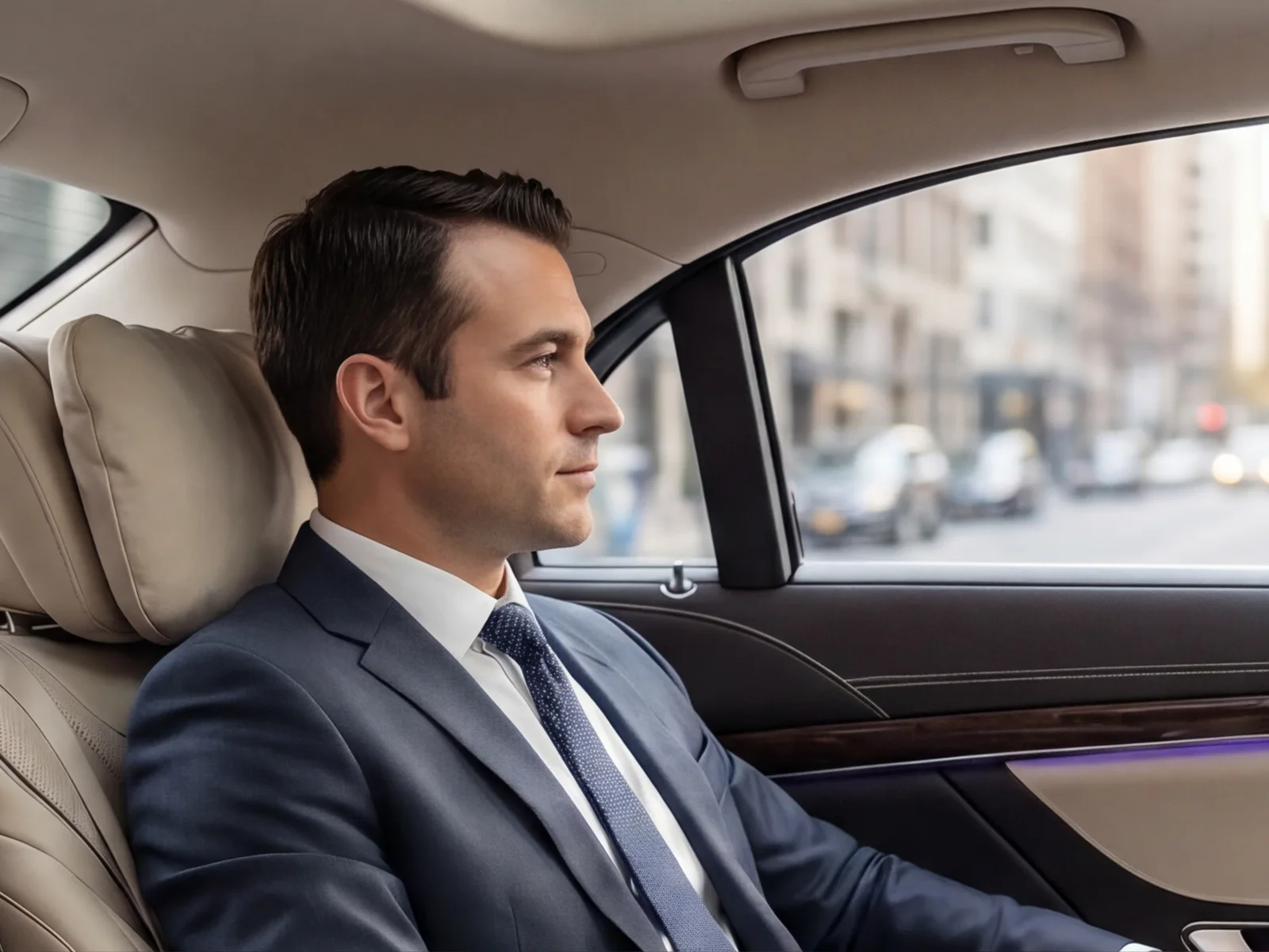Executive riding in the back seat of a Baki Tour sedan through Manhattan