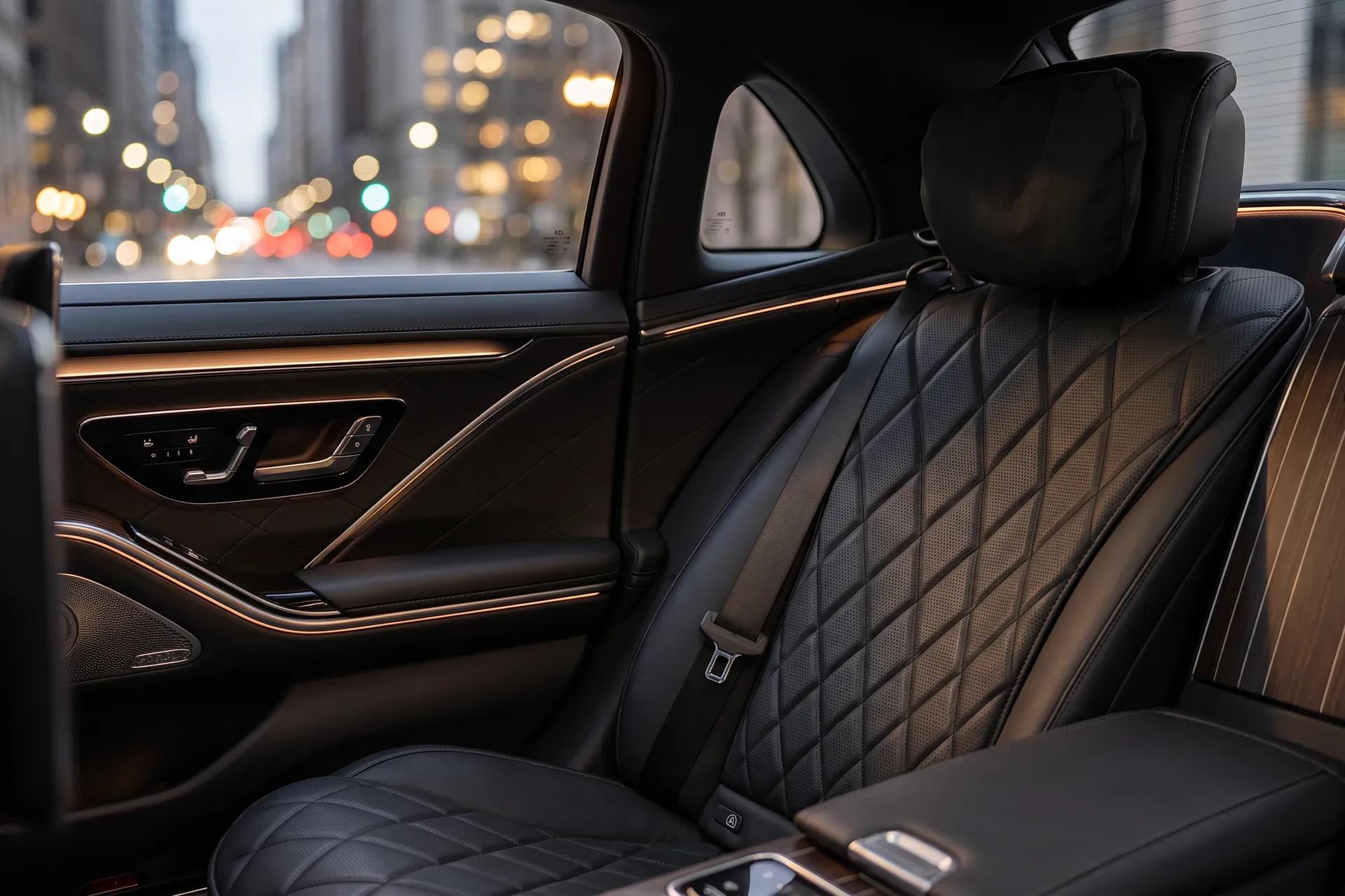 The quilted leather rear seat of a black sedan with city lights through the window