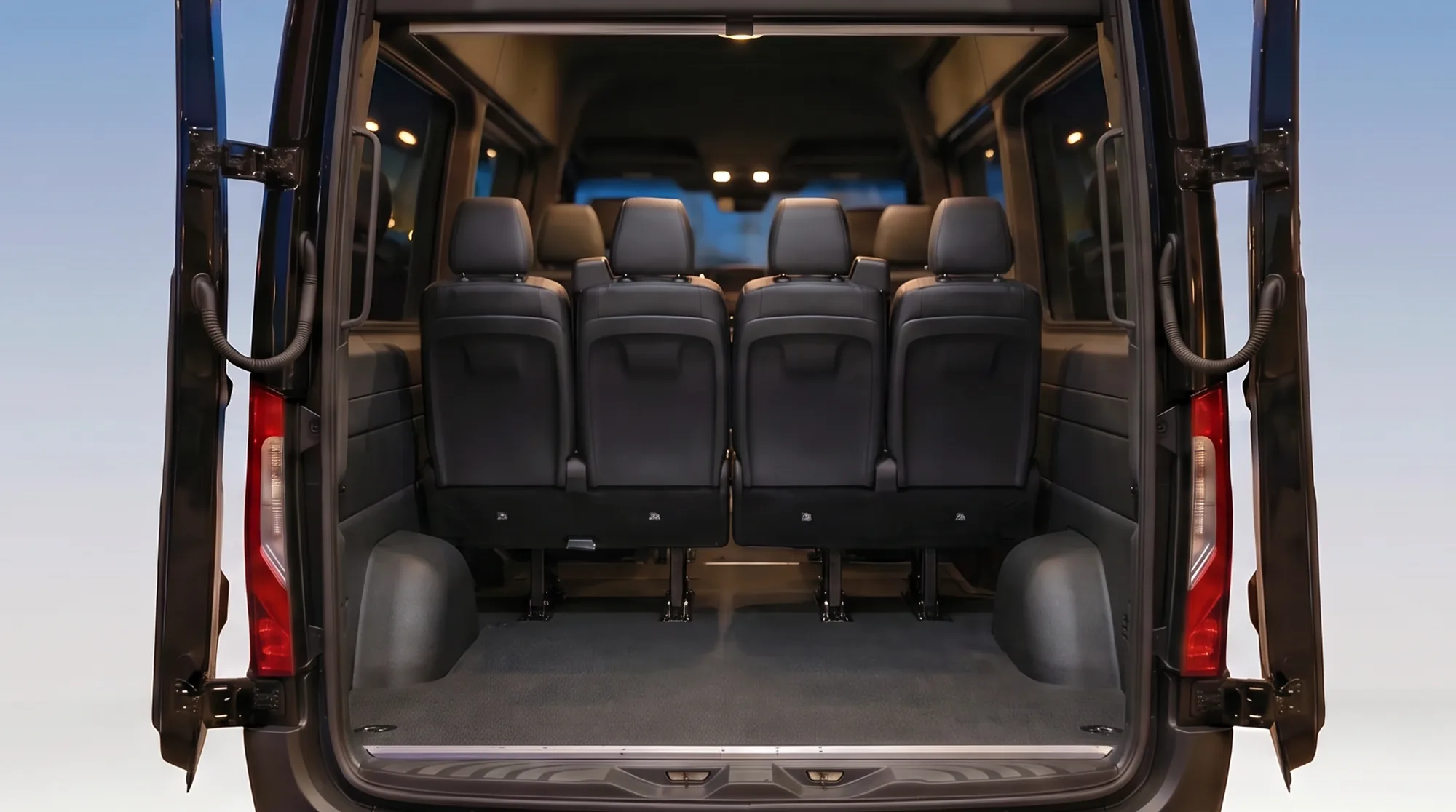 The rear luggage bay of the 11-passenger Sprinter