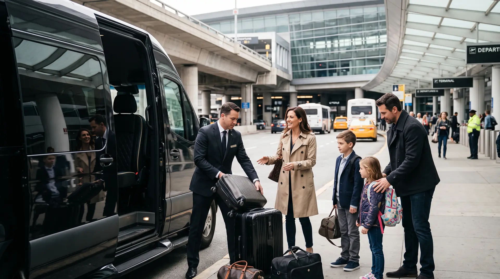 A chauffeur lifting a family's luggage into a Sprinter at the airport curb