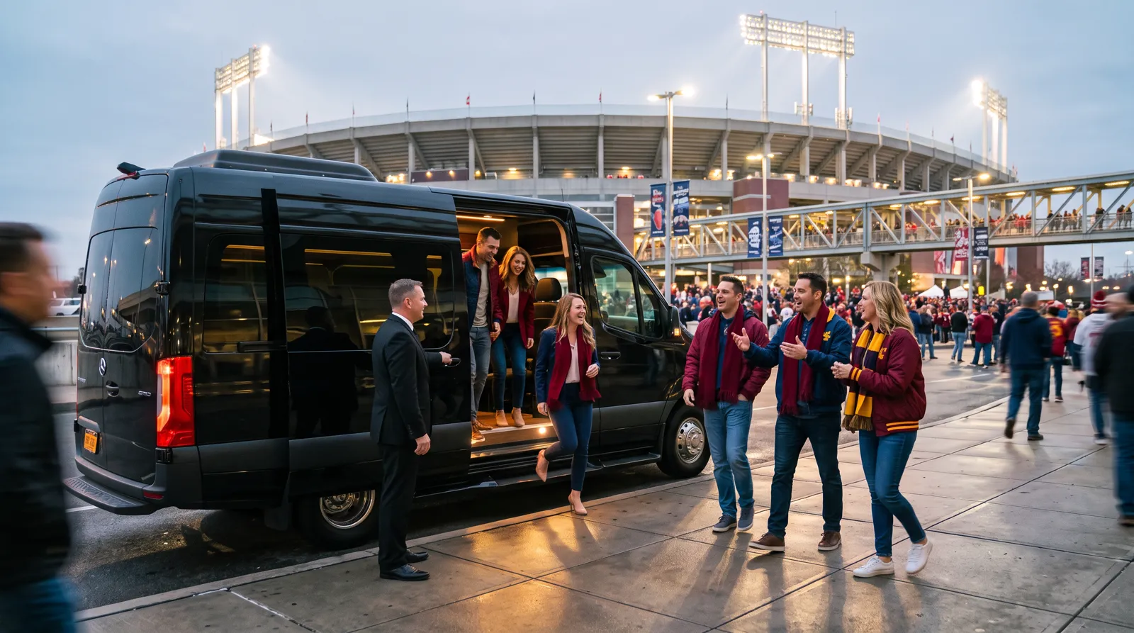 A group of friends stepping out of a Sprinter outside a stadium