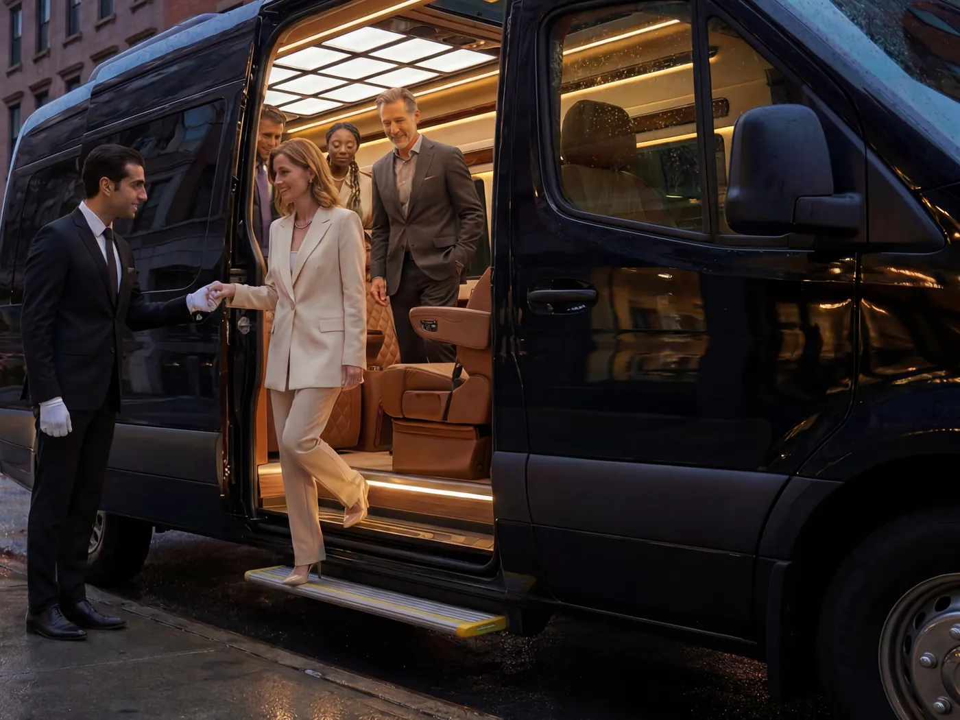 A chauffeur offering his hand as a group steps out of a black Sprinter on a city street at dusk