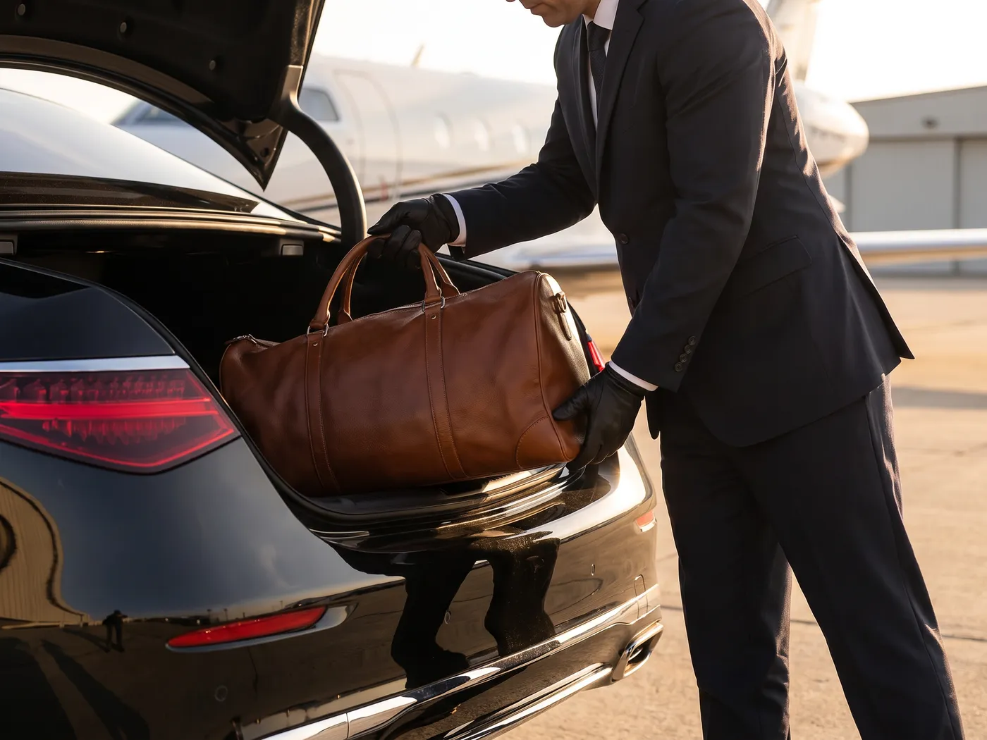 A chauffeur in gloves placing a leather bag into a car trunk beside a private jet