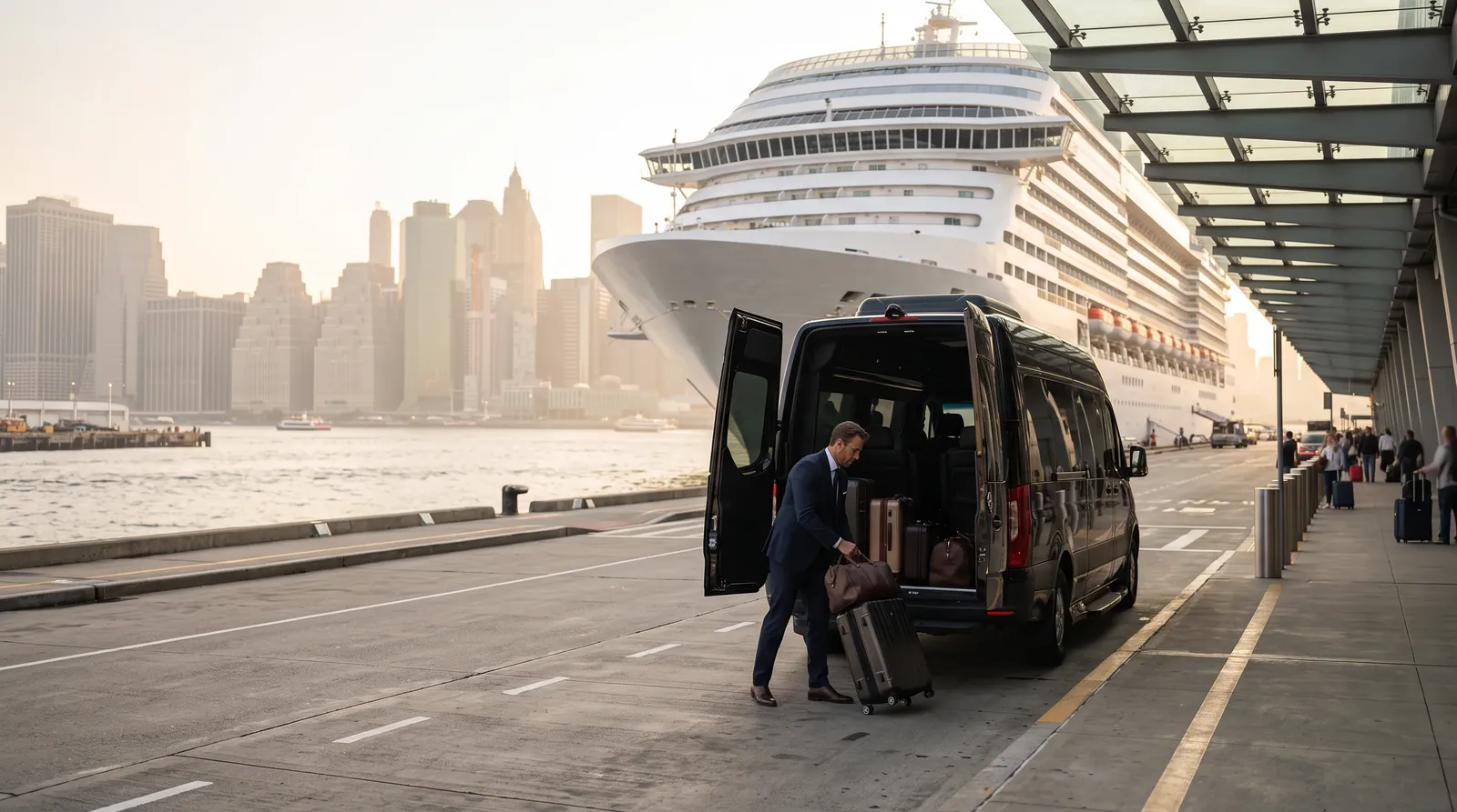 A chauffeur loading suitcases into a black Sprinter at a cruise terminal curb, with a cruise ship and the Manhattan skyline behind