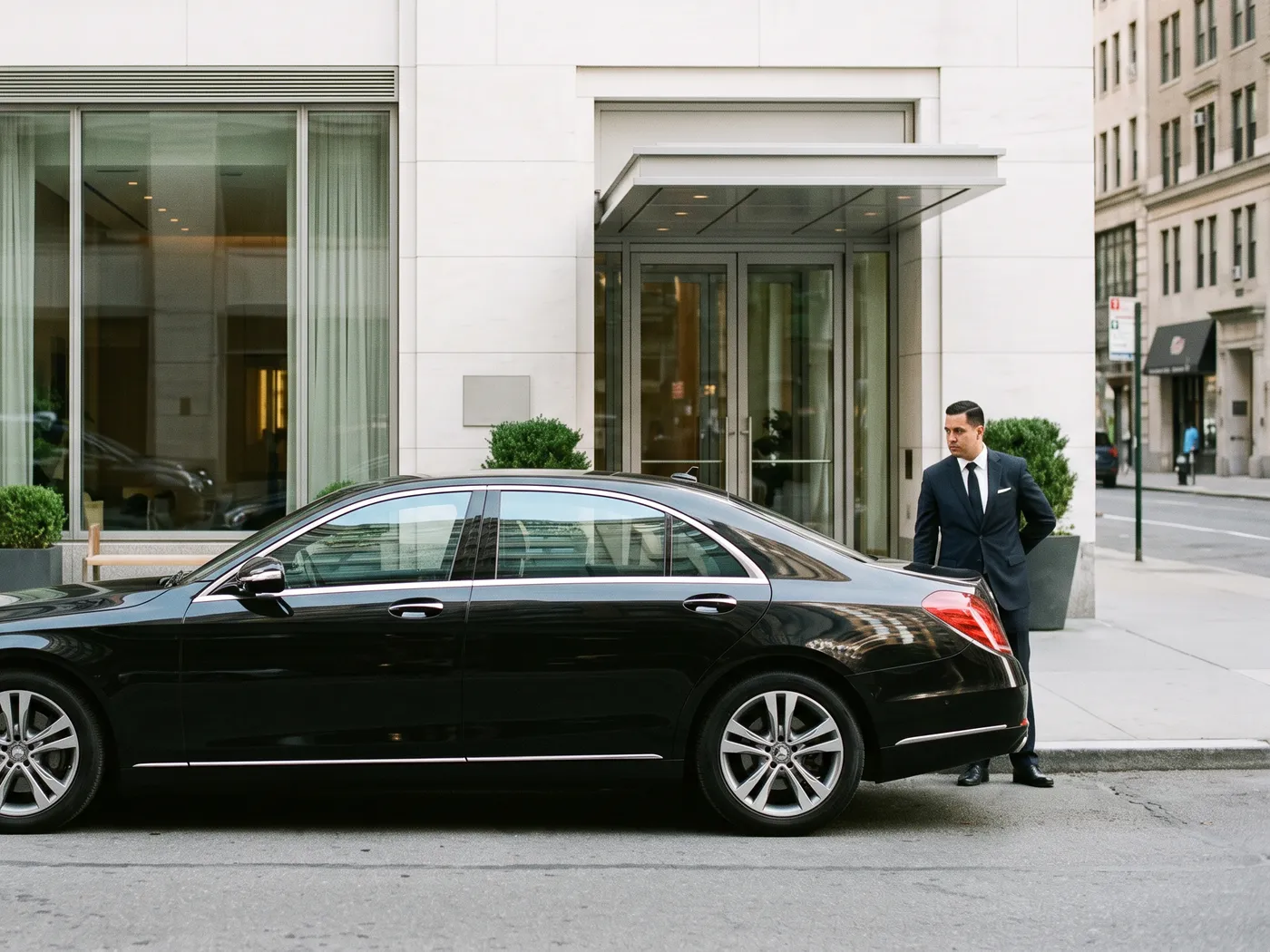 A chauffeur waiting beside a black sedan outside a building entrance