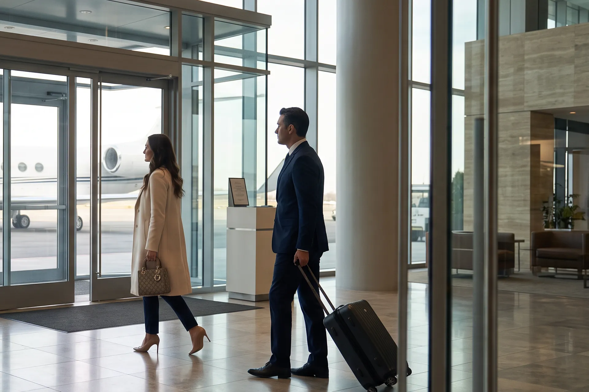 A couple walking through a private aviation terminal toward a waiting jet