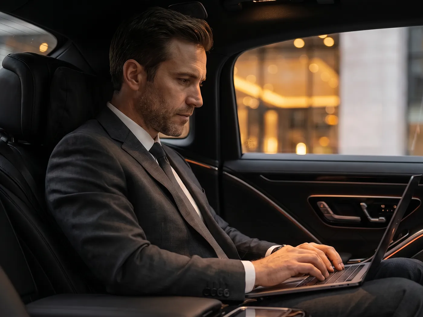 A man in a suit working on a laptop in the back seat of a car, city lights through the window