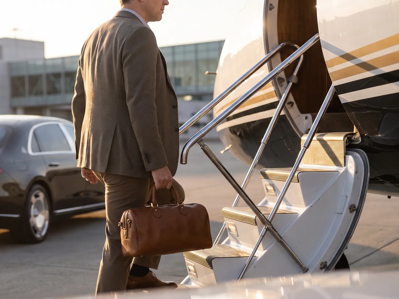 A traveler carrying a leather bag up the stairs of a private jet, a black sedan parked behind him
