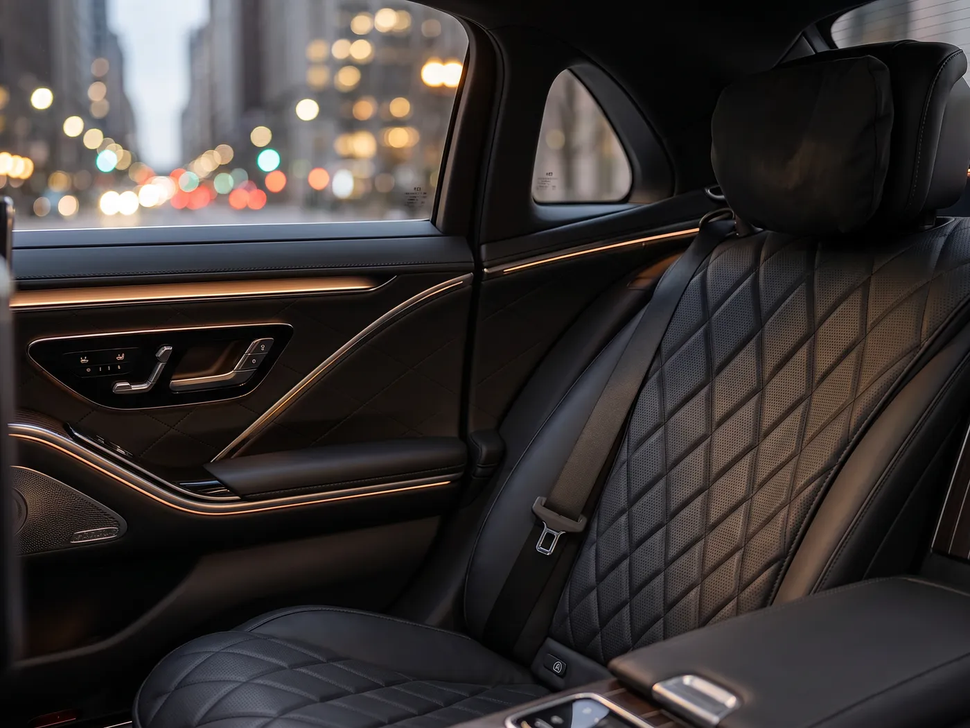 The quilted leather rear seat of a car with city lights through the window