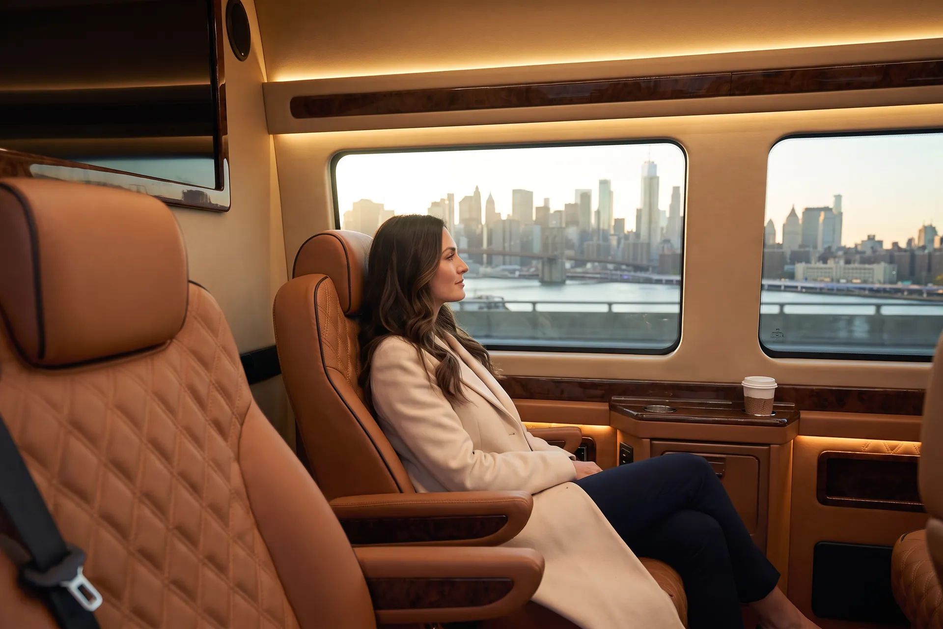 A woman in a Sprinter looking out at the Brooklyn Bridge and the Manhattan skyline