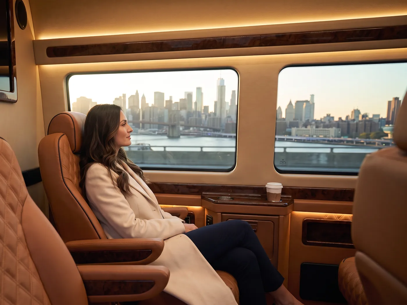A woman in a leather captain's chair looking out of a Sprinter window at the Manhattan skyline