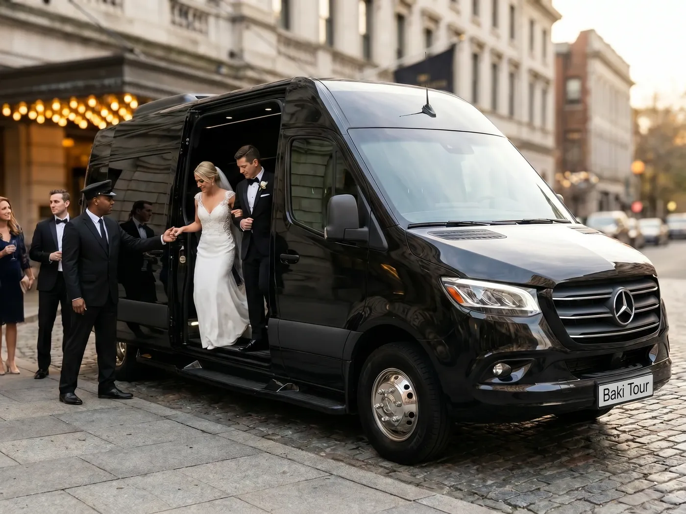 A chauffeur offering his hand as a bride and groom step out of a black Sprinter while their guests wait on the sidewalk