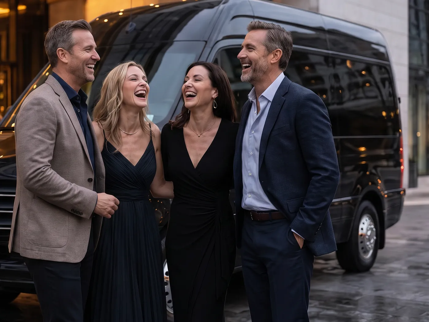 Two couples in evening wear laughing beside a black Sprinter outside a lit hotel entrance