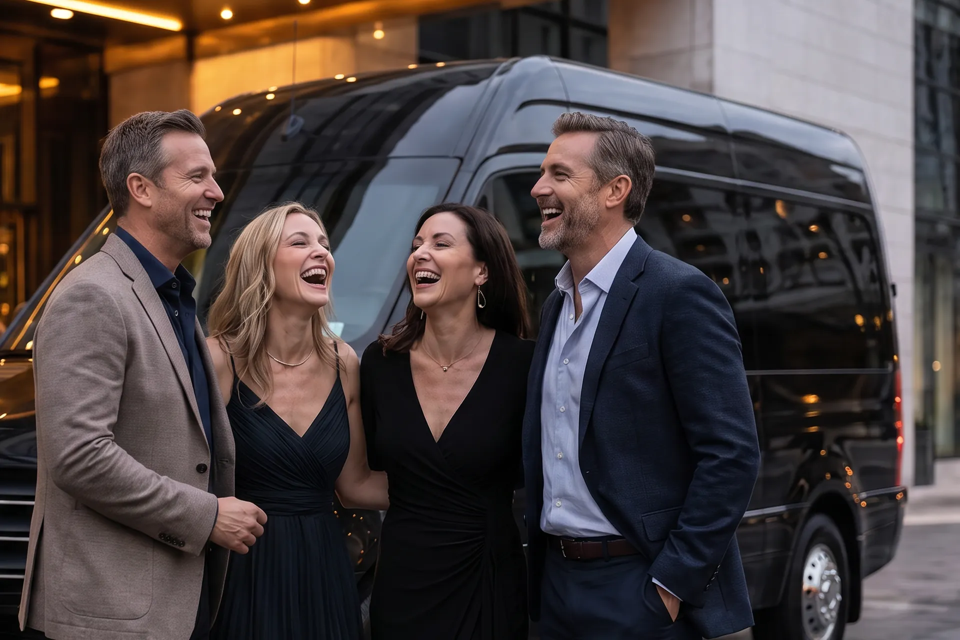 Two couples in evening wear laughing beside a black Sprinter