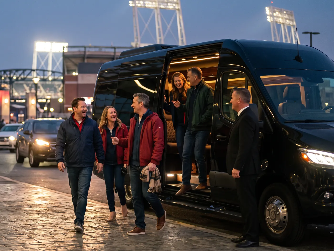 A group of friends stepping out of a black Sprinter outside a stadium at dusk while their chauffeur waits by the door