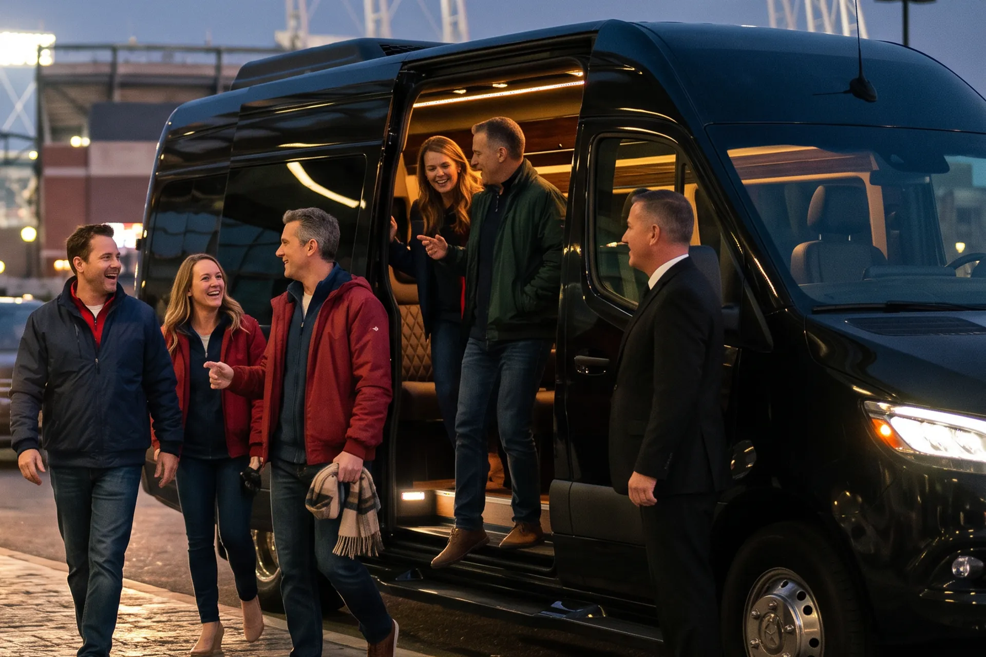 A group of friends stepping out of a black Sprinter at dusk while their chauffeur waits by the door